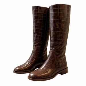 Schutz Terrance Up Brown Croc Embossed Leather Boots Size 6 New